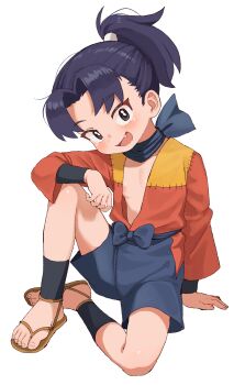1boy :d absurdres ankle_wrap areola_slip arm_on_knee arm_support bare_pectorals black_eyes black_hair blue_shorts blush bow bright_pupils clothing_cutout commentary_request fang feet full_body funifuchan hakama hakama_shorts head_tilt high_ponytail highres hip_vent japanese_clothes kimono knee_up loli looking_at_viewer male_focus midriff_peek open_clothes open_kimono open_mouth parted_bangs patchwork_clothes pectorals ponytail raised_eyebrows rakudai_ninja_rantarou sandals scarf settsuno_kirimaru short_hair short_ponytail shorts simple_background sitting smile solo toes waist_bow waraji white_background wrist_wrap