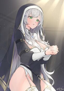 Rule 34 | breasts, green eyes, grey hair, highres, hololive, large breasts, leotard, long hair, mochitaro (mothitaroo), no bra, no panties, nun, pelvic curtain, shirogane noel, shirogane noel (battle nun), virtual youtuber
