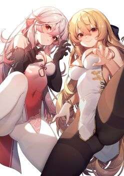 Rule 34 | 2girls, absurdres, bare shoulders, black bow, black gloves, blonde hair, blush, bow, breasts, brown pantyhose, china dress, chinese clothes, chinese text, commentary request, covered navel, dress, elbow gloves, gloves, gold trim, gradient clothes, gradient dress, hair bow, hairband, highres, large breasts, long hair, looking at viewer, looking down, medium breasts, multiple girls, original, pantyhose, pink hair, red eyes, red hairband, red trim, see-through pantyhose, shangtianrudi xiaobailang, smile, spread legs, very long hair, white background, white dress, white pantyhose