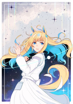 1girl ahoge animal_ears blonde_hair blue_eyes blue_hair breasts casual colored_inner_animal_ears colored_inner_hair dress hair_between_eyes hair_ornament horse_ears horse_girl horse_tail kyashiyo long_hair long_sleeves looking_at_viewer multicolored_hair neo_universe_(casual)_(umamusume) neo_universe_(umamusume) parted_lips smile solo sparkle star_(symbol) tail two-tone_hair umamusume white_dress