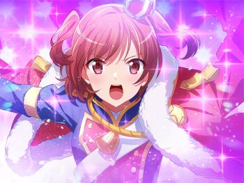 Rule 34 | 1girl, aijou karen, armband, blue jacket, brown eyes, brown hair, crown, fur-trimmed jacket, fur trim, game cg, jacket, jacket on shoulders, looking at viewer, mini crown, official art, open mouth, outstretched arms, portrait, red jacket, sash, shoujo kageki revue starlight, shoujo kageki revue starlight -re live-, solo, sparkle, swept bangs, teeth, tilted headwear, two side up, upper body, upper teeth only, v-shaped eyebrows, white sash, yellow armband