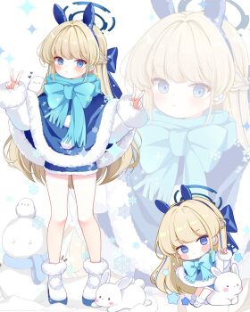 1girl aged_down animal_ears blonde_hair blue_archive blue_eyes chibi double_v halo long_hair rabbit rabbit_ears snow solo subin_(subin_2011) toki_(blue_archive) v winter_clothes zoom_layer