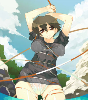1girl bdsm bondage bound bra brown_eyes brown_hair cloud day embarrassed entangled female_focus fishing fishing_line lingerie panties rope ryuuta ryuuta_(msxtr) see-through_clothes shirt short_hair sky solo tomboy umihara_kawase umihara_kawase_(character) underwear water wet wet_clothes wet_shirt