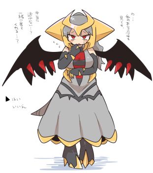 1girl arm_under_breasts black_wings blush_stickers breasts commentary detached_sleeves dress fake_horns flying_sweatdrops gen_4_pokemon giratina giratina_(altered) grey_dress grey_hair hand_on_own_chin horned_headwear horns kasugai_(de-tteiu) large_breasts legendary_pokemon maiden_(kasugai_(de-tteiu)) nintendo personification pokemon ponytail red_eyes sleeveless sleeveless_dress tail translated wings