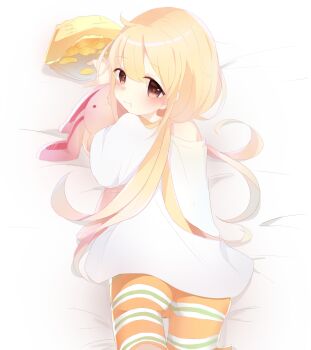 1girl bed_sheet blush brown_eyes chips_(food) commentary_request food food_in_mouth futaba_anzu highres idolmaster idolmaster_cinderella_girls long_hair long_shirt looking_at_viewer looking_back low_twintails lying on_stomach orange_pants pants potato_chips reirou_(chokoonnpu) shirt short_sleeves solo striped_clothes striped_pants stuffed_animal stuffed_rabbit stuffed_toy twintails very_long_hair white_background white_shirt