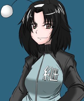 Rule 34 | 1girl, absurdres, black hair, blue jacket, breasts, brown eyes, commentary request, girls und panzer, girls und panzer phase erika, highres, jacket, keizoku military uniform, long sleeves, moesenyukikaze, smile, touko (girls und panzer), upper body