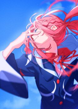 1girl absurdres blue_sky braid closed_eyes commentary hand_on_own_face highres hood hooded_jacket jacket kaf_(kamitsubaki_studio) kamitsubaki_studio long_hair pink_hair sky smile solo toki_(asunan6618) upper_body wind