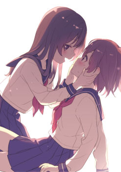 2girls black_sailor_collar black_skirt blush brown_eyes brown_hair buchi_(y0u0ri_) closed_mouth commentary_request hand_on_another&#039;s_face highres long_hair multiple_girls neckerchief open_mouth original pleated_skirt red_neckerchief sailor_collar school_uniform serafuku shirt short_hair simple_background skirt sweat white_background white_shirt yuri