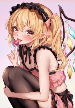 Rule 34 | 1girl, absurdres, black thighhighs, blonde hair, breasts, camisole, candy, commentary request, crystal wings, flandre scarlet, food, frilled hairband, frills, gradient background, hairband, highres, knees to chest, licking, lollipop, midriff, pink camisole, pink skirt, red eyes, shironeruka, skirt, small breasts, smile, solo, thighhighs, touhou, wings