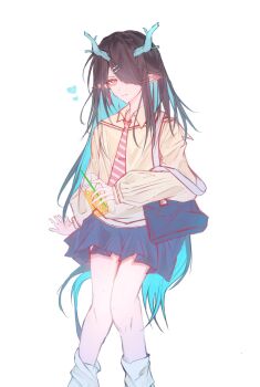 1girl alternate_costume arknights black_hair colored_inner_hair drink dusk_(arknights) hair_over_one_eye heart highres holding holding_drink looking_at_viewer multicolored_hair necktie pointy_ears red_eyes school_uniform solo white_background yomichidesu