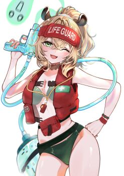 1girl animal_ears belt_pouch bikini blonde_hair bracelet cowboy_shot crossed_bangs double-parted_bangs green_bikini green_eyes hair_between_eyes hand_up high_ponytail highres holding holding_weapon indie_virtual_youtuber jewelry life_vest lifeguard looking_at_viewer mishima_nina naplings_(nimi_nightmare) nimi_nightmare nimi_nightmare_(lifeguard) official_alternate_costume one_eye_closed ponytail pouch red_bag red_nails red_vest red_visor see-through_clothes standing swimsuit tank_top tapir_ears tapir_girl vest virtual_youtuber visor_cap water_gun water_tank weapon whistle white_background