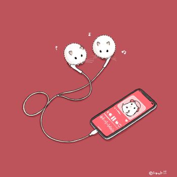 animal cellphone commentary_request earbuds earphones hamster musical_note no_humans original phone red_background simple_background smartphone upiupisyo user_interface