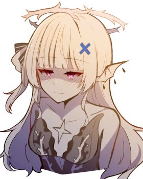 bare_shoulders breasts closed_mouth collarbone corruption cropped_torso grey_hair hair_ornament halo highres leviathan_(wuthering_waves) light_blush light_smile limited_palette long_hair medium_breasts phoebe_(wuthering_waves) purple_eyes simple_background white_background wuthering_waves x_hair_ornament zero_3b