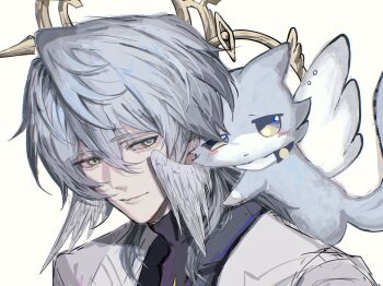 Rule 34 | 1boy, animal ears, blue fur, blue hair, blue pupils, blush, cat, commentary request, hair between eyes, halo, halo behind head, head wings, highres, honkai: star rail, honkai (series), light smile, medium hair, mochigasukin, nuzzle, scarf, sunday (honkai: star rail), sunday (sacerdos' relived ordeal) (honkai: star rail), tail, turtleneck, white wings, wings, yellow eyes