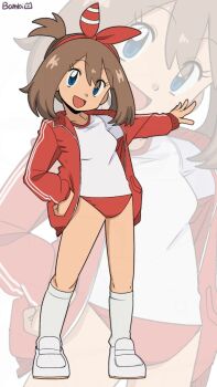 1girl alternate_costume artist_name bambi2000line blue_eyes breasts brown_hair buruma commentary_request full_body gym_uniform hairband hand_on_own_hip head_tilt highres jacket kneehighs may_(pokemon) medium_hair nintendo open_clothes open_jacket open_mouth outstretched_arm pokemon pokemon_ruby/sapphire/emerald projected_inset red_buruma red_hairband red_jacket red_trim ribbon-trimmed_hairband shirt shoes small_breasts socks solo striped_clothes striped_jacket white_shirt white_shoes white_socks white_trim