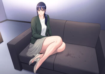 1girl black_eyes blue_hair breasts cardigan commentary_request couch full_body green_cardigan grey_shoes grey_skirt hair_over_shoulder high_heels highres large_breasts miniskirt original ponytail shirt shoes sitting skirt solo tamagou white_shirt yokozuwari