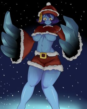1girl absurdres belt blue_skin breasts christmas claws closed_mouth colored_skin darkstalkers flipped_hair hat highres hsien-ko jiangshi looking_at_viewer monster_girl navel pureo2 red_hat red_shorts santa_costume santa_hat short_hair shorts smile snow solo undead underboob