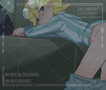1boy bent_over blonde_hair blue_eyes blush clemont_(pokemon) glasses long_sleeves male_focus nintendo pokemon pokemon_xy round_eyewear solo suikaels watermark
