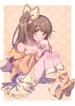 Rule 34 | 1girl, bare legs, bare shoulders, border, bow, breasts, brown hair, cleavage, closed mouth, coffee mug, collarbone, commentary request, cup, dot nose, dress, fingernails, frilled bow, frilled dress, frills, full body, hair bow, hair over shoulder, halter dress, halterneck, hands up, head tilt, highres, holding, holding cup, jacket, knee blush, knees up, leg warmers, legs together, magia record: mahou shoujo madoka magica gaiden, mahou shoujo madoka magica, mug, no shoes, open clothes, open jacket, orange background, orange eyes, orange jacket, orange leg warmers, orange socks, orange theme, outline, plaid clothes, plaid jacket, polka dot, polka dot background, serizawa serizane, shiny skin, side ponytail, sidelocks, sideways glance, simple background, single horizontal stripe, sitting, sleepwear, sleeveless, sleeveless dress, small breasts, smile, socks, solo, swept bangs, tareme, twitter username, white border, white outline, yellow bow, yellow dress, yui tsuruno