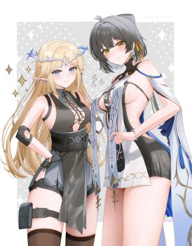 2girls absurdres antenna_hair bare_shoulders black_bow black_collar black_dress black_hair black_shorts black_thighhighs blonde_hair blue_eyes blush bow breasts cartethyia_(wuthering_waves) closed_mouth collar commentary_request cosplay costume_switch cowboy_shot cross-laced_clothes cross-laced_dress crown_of_thorns dress earrings elbow_pads female_rover_(wuthering_waves) hair_bow hair_ribbon hand_on_own_hip highres jewelry large_breasts long_hair looking_at_viewer low_ponytail medium_breasts multiple_girls open_mouth pelvic_curtain pointy_ears ponytail pouch revision ribbon rover_(wuthering_waves) short_shorts shorts sideboob sidelocks sinonomemikann sleeveless sleeveless_dress smile sparkle sweatdrop tabard tacet_mark_(wuthering_waves) thigh_pouch thighhighs thighs white_tabard wuthering_waves yellow_eyes yellow_ribbon