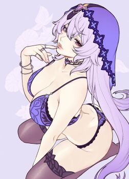1girl absurdres black_swan_(honkai:_star_rail) bra breasts brown_thighhighs cleavage hair_between_eyes highres honkai:_star_rail honkai_(series) large_breasts lips long_hair looking_at_viewer panties parted_lips pink_eyes purple_background purple_bra purple_hair purple_panties sitting solo thighhighs underwear underwear_only veil very_long_hair wariza yiiande