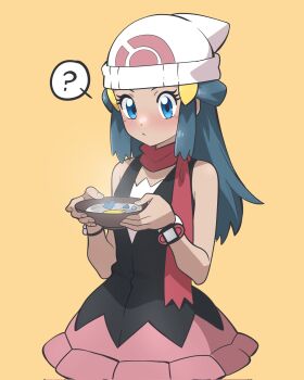 1girl ? beanie black_shirt blue_eyes bowl bracelet closed_mouth creature_as_food dawn_(pokemon) eyelashes food gen_4_pokemon hair_ornament hairclip hat highres holding holding_bowl jewelry long_hair looking_down muis0802 nintendo piplup pokemon pokemon_dppt poketch red_scarf scarf shirt sidelocks simple_background skirt sleeveless sleeveless_shirt solo soup spoken_question_mark watch white_hat wristwatch yellow_background