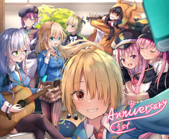 Rule 34 | 6+girls, :d, absurdres, aikawa megumi, anniversary, aqua eyes, asakura karen (heaven burns red), ascot, baseball cap, beret, black hat, black ribbon, black thighhighs, blonde hair, blue jacket, blunt bangs, blurry, blush, braid, breasts, brown pantyhose, closed eyes, commentary request, cowboy shot, crossed legs, demon horns, depth of field, evil grin, evil smile, eyes visible through hair, fake horns, floating hair, glasses, gloves, green eyes, grey hair, grin, guitar, hair between eyes, hair over one eye, hair ribbon, half up braid, happy, hat, heaven burns red, highres, holding, holding guitar, holding instrument, holding phone, hood, hood up, hoodie, horned hood, horns, hug, hug from behind, indoors, instrument, izumi yuki (heaven burns red), jacket, kayamori ruka, kunimi tama, long bangs, long hair, long sleeves, looking at another, looking at viewer, low twintails, medium breasts, medium hair, motion blur, multiple girls, music, nanase nanami (heaven burns red), narby (heaven burns red), necktie, one eye covered, open mouth, orange hoodie, pantyhose, peaked cap, phone, pink hair, playing guitar, playing instrument, purple eyes, purple hair, red ascot, red eyes, red necktie, ribbon, scared, selfie, semi-rimless eyewear, shaded face, short hair, sidelocks, smile, standing, striped clothes, striped pantyhose, sweatdrop, tatika714, team 31a (heaven burns red), tezuka saki, thighhighs, toujou tsukasa, twintails, upper body, vertical-striped clothes, vertical-striped pantyhose, very long hair, white gloves, white ribbon, wide-eyed