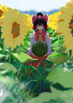 2girls absurdres ascot bare_shoulders blue_sky bow closed_mouth commentary_request detached_sleeves field flower flower_field food fruit hair_tubes hakurei_reimu highres holding holding_food holding_fruit holding_watermelon koukouya mini_person mini_person_on_head multiple_girls open_mouth red_bow red_shirt red_skirt shirt skirt sky sleeveless sleeveless_shirt smile sukuna_shinmyoumaru sunflower sunflower_field touhou watermelon yellow_ascot