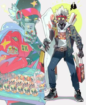 ! 12mo34mo56 1boy alternate_costume bag baseball_cap belt billy_kid black_shoes blue_pants blush clothed_robot commentary_request dakimakura_(object) glasses green_jacket hat highres holding holding_bag holding_phone hood hoodie humanoid_robot jacket male_focus multiple_views pants phone pillow poster_(object) red_jacket robot robot_boy selfie shoes shopping_bag simple_background sparkle spiked_hair spoken_exclamation_mark star_(symbol) white_background white_hair white_hoodie yellow_eyes zenless_zone_zero