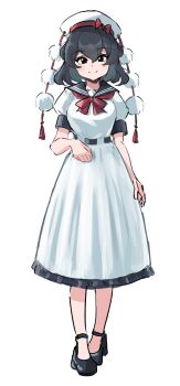 Rule 34 | 1girl, 5alive, adapted costume, alternate headwear, black hair, black sailor collar, black shoes, bow, bowtie, closed mouth, commentary, dress, frilled dress, frills, hat, hat bow, highres, pom pom (clothes), red bow, red bowtie, sailor collar, shameimaru aya, shoes, short hair, short sleeves, sleeve cuffs, smile, solo, touhou, white background, white dress, white hat