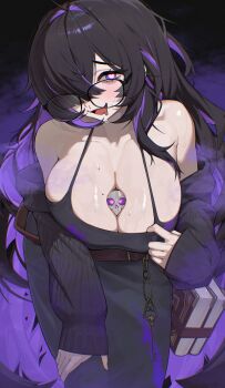 Rule 34 | 1girl, absurdres, bags under eyes, bare shoulders, belt, belt buckle, between breasts, black-framed eyewear, black background, black cardigan, black hair, blood, blush, book strap, breasts, brown belt, buckle, cardigan, cardigan partially removed, clothes pull, collarbone, colored inner hair, commentary, cowboy shot, dress, dress pull, drooling, glasses, goddess of victory: nikke, hair intakes, hair over one eye, hand on own knee, hand up, heart, heart-shaped pupils, highres, huge breasts, key, keyring, kimkichun, label (nikke), leaning forward, long hair, looking at viewer, looking over eyewear, loose belt, low neckline, messy hair, mojyo, mole, mole on breast, mouth drool, multicolored hair, no bra, nosebleed, open cardigan, open clothes, open mouth, pale skin, parted bangs, presenting breasts, pulling own clothes, purple eyes, purple hair, purple streaks, raised inner eyebrows, seductive smile, shiny skin, simple background, skull, sleeveless, sleeveless dress, sleeves past wrists, smile, symbol-shaped pupils, taut clothes, taut dress, very long hair