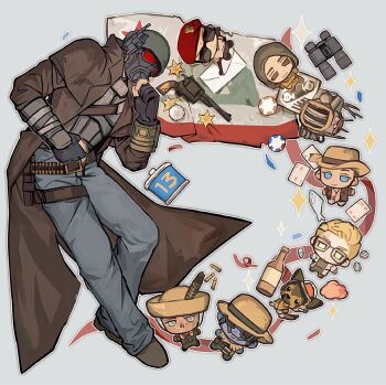 1other 3boys 3girls animal arcade_gannon armor bandolier belt beret binoculars black_gloves blonde_hair blue_background blue_eyes blue_pants blue_skin breastplate brown_coat brown_hat bullet canteen card chibi coat colored_skin cowboy_hat craig_boone dog ed-e fallout fallout:_new_vegas full_body gas_mask glasses gloves green_eyes grey_eyes gun handgun hashtag-only_commentary hat helmet highres hood hood_up lily_bowen long_coat mask multiple_boys multiple_girls ncr_veteran_ranger new_california_republic_flag pants partially_fingerless_gloves pip_boy raul_tejada red_hat revolver rex_(fallout:_new_vegas) robot rose_of_sharon_cassidy sheriff_badge short_hair sunglasses trench_coat veronica_santangelo weapon yqqqqa