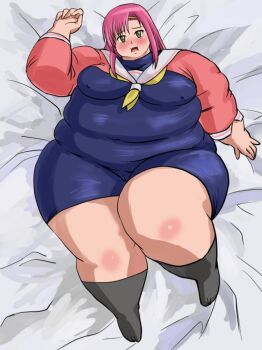 1girl bed belly blush breasts fat fat_woman green_eyes hayate_no_gotoku! katsura_hinagiku large_breasts lay nipples open_mouth pink_hair school_uniform solo