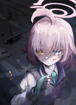 1girl :c absurdres ahoge ammunition aqua_necktie beretta_1301 blood blood_on_face blue_archive blue_eyes blue_necktie bulletproof_vest dirty dirty_clothes dirty_face fence flat_chest gloves gun hair_between_eyes halo heterochromia highres hira15623 holding holding_unworn_clothes holding_unworn_scarf hoshino_(blue_archive) hoshino_(first_year)_(blue_archive) long_sleeves looking_at_viewer necktie pink_hair pink_halo road scarf school_uniform serious shirt short_hair shotgun shotgun_shell solo solo_focus tactical_school_uniform unworn_scarf utility_vest vest weapon white_shirt yellow_eyes