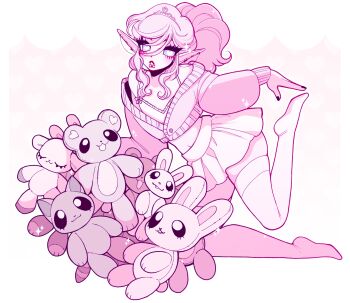 1girl absurdres camisole cardigan commission crop_top dreamalgia ear_piercing eyelashes face_piercing heart heart-shaped_pupils highres lip_piercing lips miniskirt navel original piercing pink_cardigan pink_hair pointy_ears ponytail skindentation skirt snakebite_(piercing) sparkle stuffed_animal stuffed_cat stuffed_rabbit stuffed_toy symbol-shaped_pupils teddy_bear thighhighs tiara