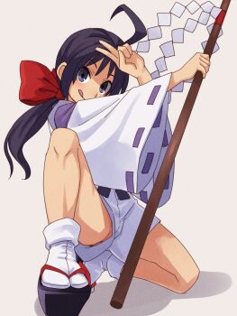 1girl :p ahoge bakumatsu_rouman black_hair bow female_focus geta gohei grey_background hair_bow highres holding ichijou_akari japanese_clothes loli looking_at_viewer low_ponytail no_panties okobo on_one_knee onmyouji partially_visible_vulva platform_footwear platform_sandals ponytail purple_eyes red_bow sandals shadow short_shorts shorts socks solo stupa13a tabi thighs tongue tongue_out upshorts v white_shorts white_socks wide_sleeves