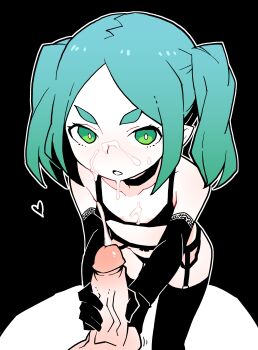 1boy 1girl absurdres akableak aqua_hair armband bare_shoulders belt black_bra black_gloves black_panties black_thighhighs bra breasts collar collarbone cum cum_on_body cum_on_breasts cum_on_upper_body disembodied_penis ejaculation expressionless facial flat_chest garter_belt garter_straps gloved_handjob gloves gradient_hair green_eyes handjob heart highres jewelry leggings lingerie loli monogatari_(series) multicolored_hair navel ononoki_yotsugi open_mouth panties penis simple_background thick_eyebrows thighhighs twintails uncensored underwear