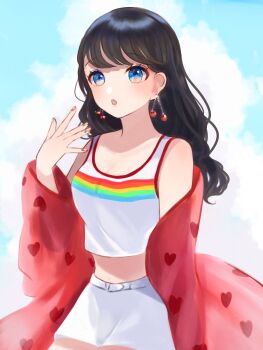 04_tulips 1girl black_hair blue_eyes blue_sky cherry_earrings cloud commentary_request crop_top earrings eyelashes food-themed_earrings food_themed_earrings gfriend heart heart_print highres jewelry long_hair midriff open_mouth shorts sky solo sowon_(gfriend)