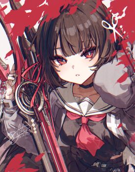 Rule 34 | 1girl, arm up, black choker, black hair, black jacket, black shirt, black skirt, breasts, bright pupils, chisa (wuthering waves), choker, collarbone, commentary request, cowboy shot, hair ribbon, highres, holding, holding sword, holding weapon, jacket, korean commentary, long hair, looking at viewer, medium breasts, neckerchief, parted lips, red eyes, red neckerchief, red ribbon, ribbon, sailor collar, shirt, signature, skirt, solo, sw haze, sword, weapon, white pupils, white sailor collar, wuthering waves