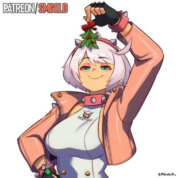 1girl absurdres ahoge arm_up artist_name black_gloves blue_eyes bob_cut bracelet breasts clover collar cropped_jacket dress elphelt_valentine fingerless_gloves four-leaf_clover gloves guilty_gear guilty_gear_strive hairband half-closed_eyes hand_on_own_hip highres holding holding_mistletoe huge_ahoge jacket jewelry large_breasts mistletoe open_clothes open_jacket patreon_username pink_collar pink_hairband pink_jacket shirt short_hair sleeveless sleeveless_dress smgold smile solo spiked_bracelet spiked_collar spiked_hairband spiked_jacket spikes upper_body watermark web_address white_hair white_shirt