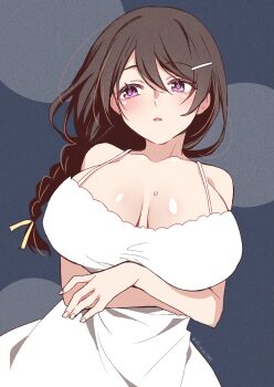 1girl absurdres arms_under_breasts black_hair blush braid breasts breasts_apart collarbone commentary dated dress hair_between_eyes hair_ornament hairpin hanekawa_tsubasa highres large_breasts long_hair manimani_(mani_ma) monogatari_(series) parted_lips purple_eyes signature sleeveless sleeveless_dress solo sundress white_dress