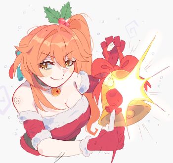 1girl alternate_costume bare_shoulders bell breasts choker cleavage commentary cropped_torso detached_sleeves gloves grey_background guinaifen_(honkai:_star_rail) hair_intakes hair_ornament highres holly_hair_ornament honkai:_star_rail honkai_(series) long_hair looking_at_viewer neck_bell orange_hair red_gloves short_sleeves side_ponytail simple_background smile solo strapless unfamousradish upper_body yellow_eyes