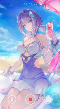 1girl alisa:_echo_(pgr) alisa:_echo_(swimsuit)_(pgr) alisa_(pgr) alternate_costume beach beach_towel beach_umbrella bikini bird blue_sky breasts cleavage cloud cup drink highres holding holding_cup kneeling medium_breasts nail_polish ocean official_alternate_costume punishing:_gray_raven purple_hair see-through_bikini see-through_clothes short_hair sky smile solo summer swimsuit timestamp towel umbrella video_camera water wrist_cuffs zeyal_li_hai