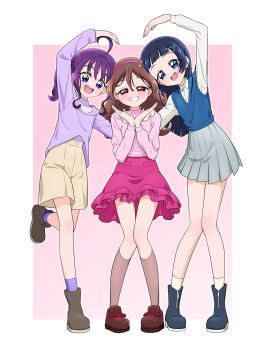 3girls :d ahoge aokaze_nana arched_bangs arm_up bare_legs blouse blue_boots blue_eyes blue_hair blue_sweater_vest boots border brown_boots brown_hair brown_shoes brown_shorts collared_shirt commentary cupping_hands double-parted_bangs eighth_note fortissimo frilled_skirt frilled_sweater frills full_body grey_skirt grin hair_between_eyes hair_intakes hair_ornament hairband half-closed_eyes heart_arms heart_arms_trio highres kimi_to_idol_precure knees_together_feet_apart leg_up loafers long_hair long_sleeves looking_at_viewer medium_hair miniskirt multiple_girls musical_note musical_note_hair_ornament open_mouth own_hands_together pink_background pink_hairband pink_skirt pink_sweater pleated_skirt precure purple_eyes purple_hair purple_shirt purple_socks red_eyes sakura_uta_(precure) shigure_kokoro shirt shoes shorts skirt smile socks standing standing_on_one_leg sweater sweater_vest teeth tiler_(tiler00) turtleneck upper_teeth_only white_border white_shirt white_socks x_hair_ornament