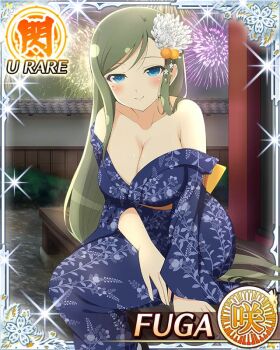 1girl aerial_fireworks architecture blue_eyes blue_kimono blush border breasts card_(medium) character_name cleavage closed_mouth east_asian_architecture english_text fireworks floral_print floral_print_kimono flower fuga_(senran_kagura) game_cg green_hair hair_flower hair_ornament japanese_clothes kimono large_breasts leaning_forward long_hair low_neckline mole mole_under_eye night night_sky official_alternate_costume official_art pov_dating print_kimono senran_kagura senran_kagura_new_wave sitting sky smile solo swept_bangs