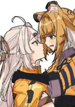 2girls absurdres ahoge animal_ear_fluff animal_ears black_shirt blonde_hair blush colored_inner_hair flustered gloves green_eyes hair_ornament hairpin hands_on_another&#039;s_shoulders height_difference highres imminent_kiss jacket ju_fufu kkk_kkk_k6 long_hair looking_at_another multicolored_hair multiple_girls shirt striped_fur striped_hair tail tiger_ears tiger_girl tiger_stripes tiger_tail white_background white_hair yellow_eyes yellow_jacket yixuan_(zenless_zone_zero) yuri zenless_zone_zero