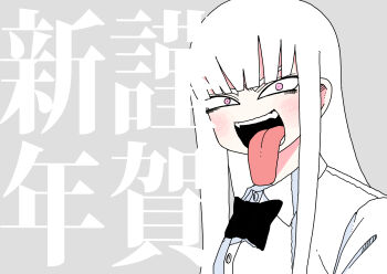 1girl abe_tomomi black_ribbon blunt_bangs blush grey_background highres long_hair neck_ribbon open_mouth original pink_eyes ribbon sharp_teeth solo teeth text_background tongue tongue_out white_hair