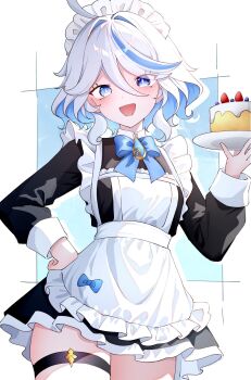 1girl ahoge apron black_dress blue_eyes blue_hair bow bowtie cake cowboy_shot dress drop-shaped_pupils food furina_(genshin_impact) genshin_impact heterochromia highres holding holding_cake holding_food kuro774_n looking_at_viewer maid maid_apron maid_headdress mismatched_pupils multicolored_hair open_mouth smile solo streaked_hair symbol-shaped_pupils thigh_strap white_hair