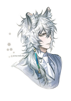 1boy animal_ear_fluff animal_ears arknights closed_mouth collared_shirt cropped_shoulders grey_eyes hair_between_eyes highres long_hair looking_at_viewer male_focus necktie shirt silverash_(arknights) simple_background solo tacotako twitter_username white_background white_hair white_necktie white_shirt