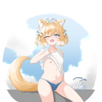 1girl animal_ear_fluff animal_ears blonde_hair blue_eyes blue_panties blush bow breasts clothes_lift fox_ears fox_girl fox_tail hair_bow highres hot ice ice_bag ice_cube lifting_own_clothes looking_at_viewer navel one_eye_closed open_mouth panties prism_project shirt shirt_lift short_hair sitting sleeves_rolled_up small_breasts stomach sweat tail tokimori_aoi underwear uts virtual_youtuber white_shirt